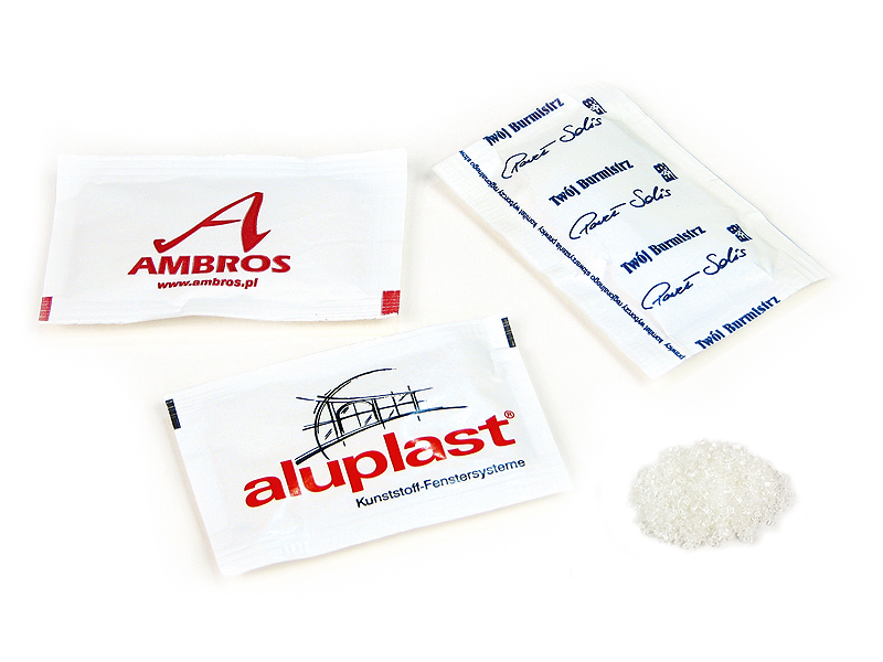 Cukier biały w prostokątnej saszetce z dwustronnym nadrukiem reklamowym