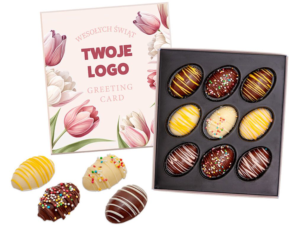 Czekoladki wielkanocne z dekoracjami w personalizowanym opakowaniu
