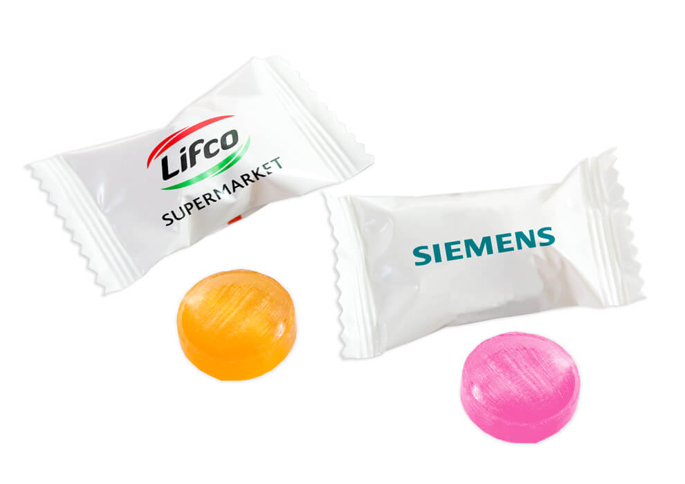 Małe karmelki 3g w foliowych saszetkach z nadrukiem logo firmy