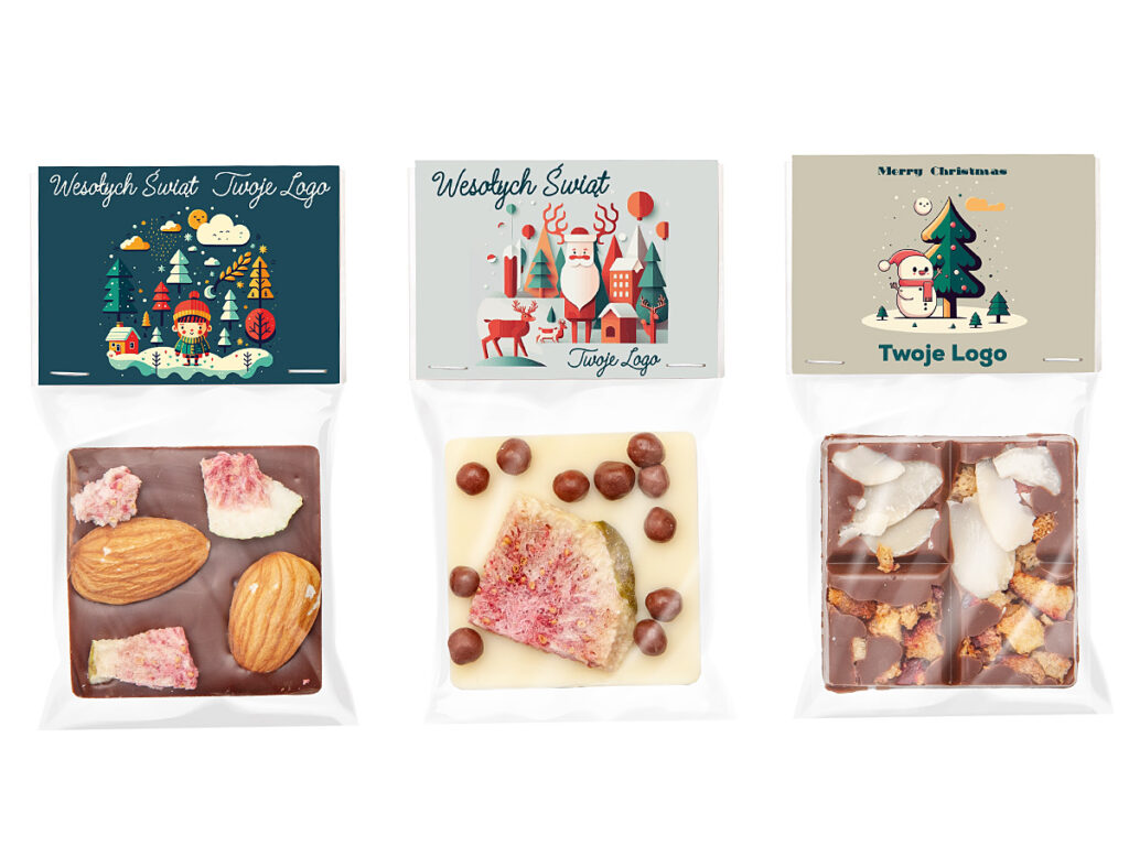 Upominek firmowy – czekoladka na raz z płatkami migdałów i logo klienta
