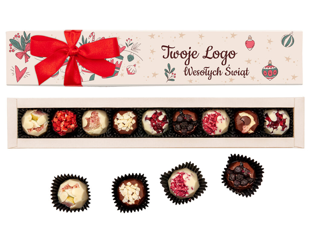 Pralinki w zestawie prezentowym z dowolnym nadrukiem reklamowym i logo klienta na eleganckim opakowaniu