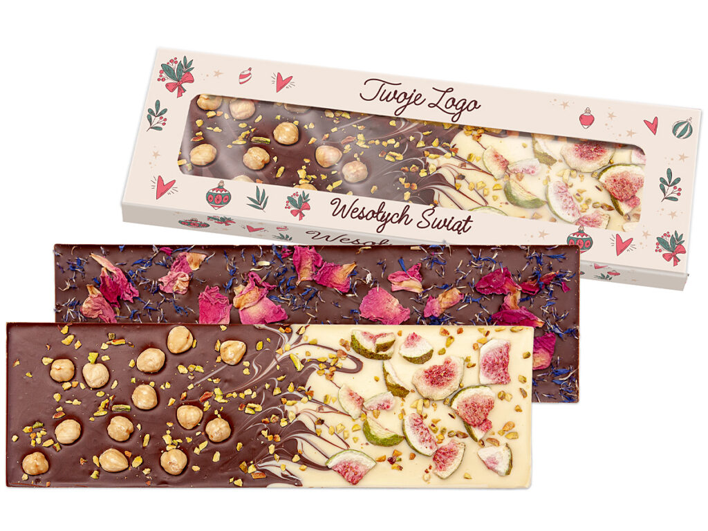 Czekolada z nadrukiem logo firmy z liofilizowanymi owocami i jadalnymi kwiatami