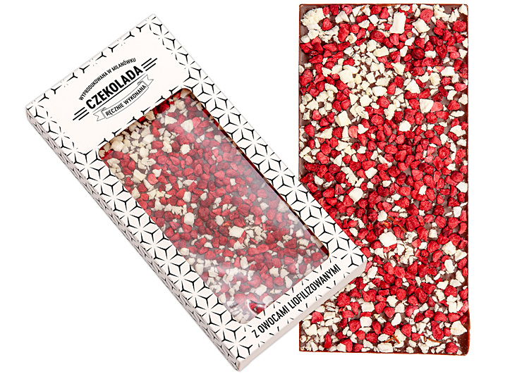 Czekolada reklamowa z owocami w metalizowanym pudełku ze złotym tłoczeniem i indywidualnym motywem graficznym