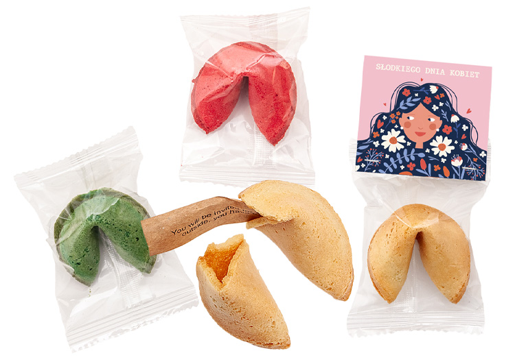 Ciasteczko z wróżbą i karnetem z dwustronnym nadrukiem reklamowym i logo klienta