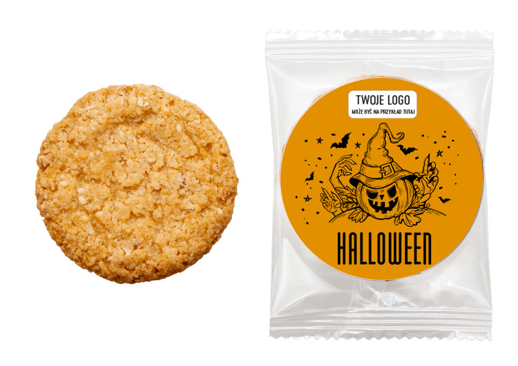 Ciasteczka w przezroczystym flow-packu z okrągłym kartonikiem reklamowym