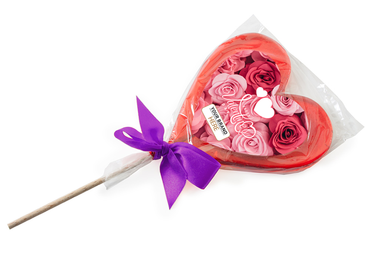 Upominek firmowy – owocowy lizak serce 110x110 mm z nadrukiem reklamowym i logo klienta