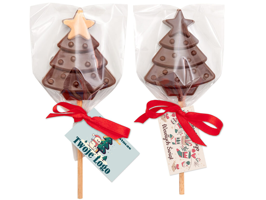 Lizak czekoladowa choinka z mlecznej czekolady z firmowym logo