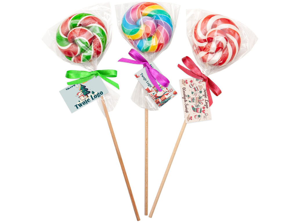 Personalizowany lizak reklamowy w spiralnym kształcie z nadrukiem na karnetce