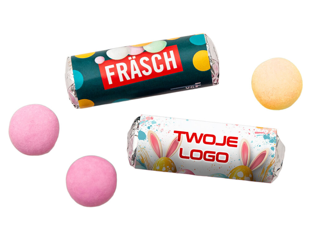 Reklamowe opakowanie Mentos Mini z owocowym smakiem i brandingiem marki