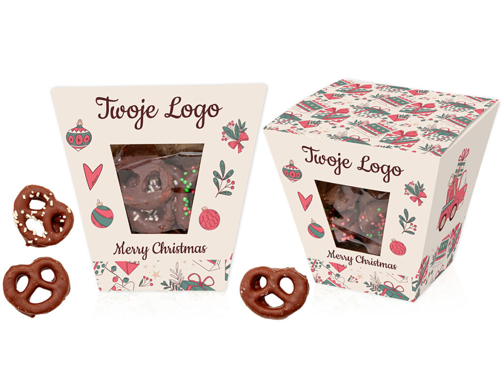 Reklamowy zestaw precelków w czekoladzie z personalizowanym kartonowym opakowaniem