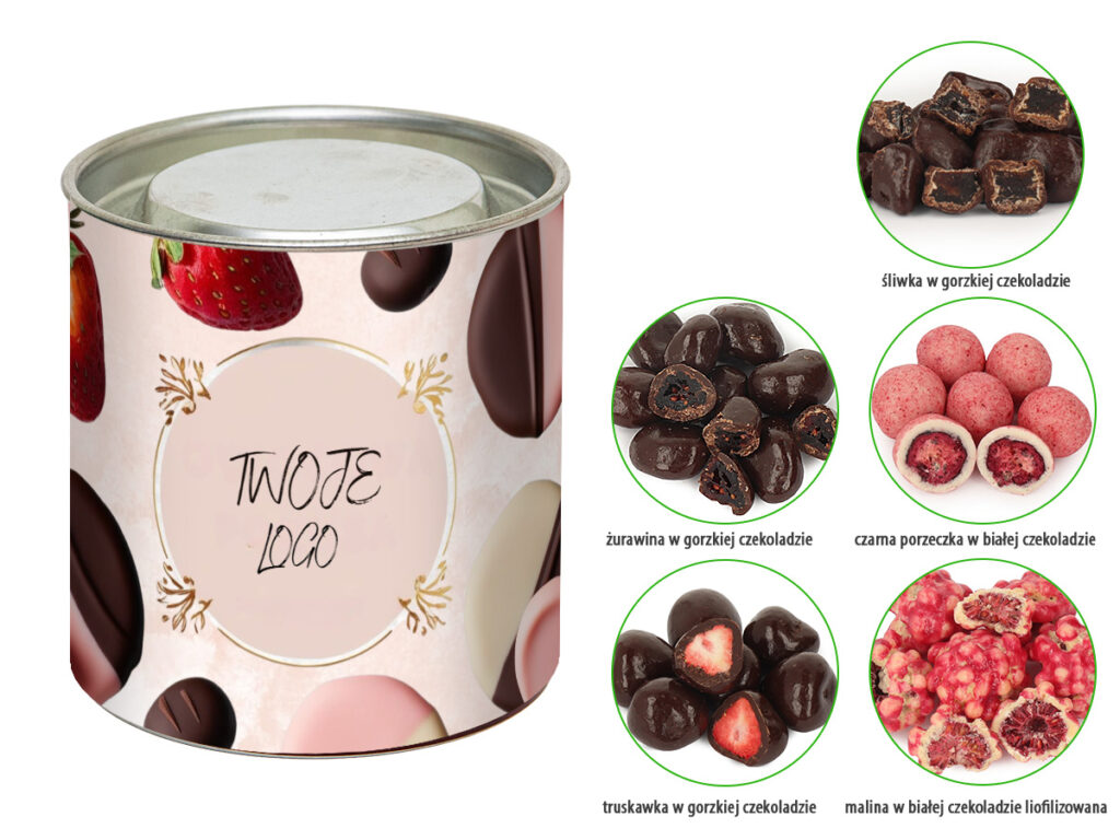 Owoce w czekoladzie z różnymi smakami w tubie z etykietą reklamową i logo firmy