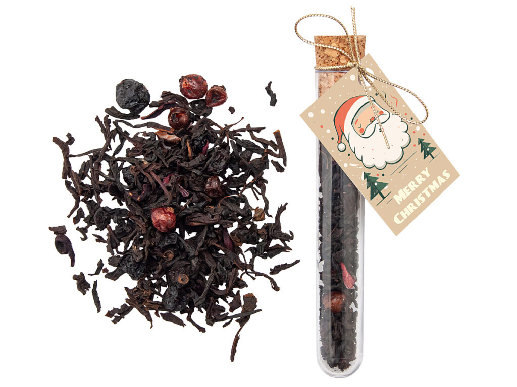 Fiolka z liściastą herbatą czarną porzeczkową z korkowym zamknięciem i nadrukiem reklamowym