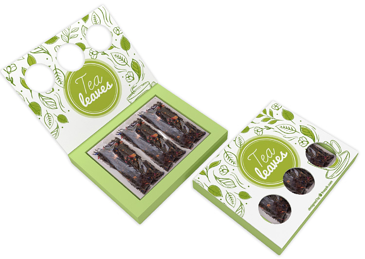 Zestaw herbat reklamowych z różnymi smakami w kartonie z kolorowym nadrukiem logo firmy