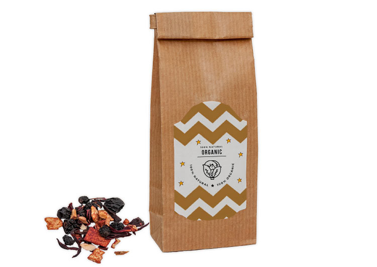 Upominek reklamowy – napar owocowy z maliną w naturalnym opakowaniu z etykietą