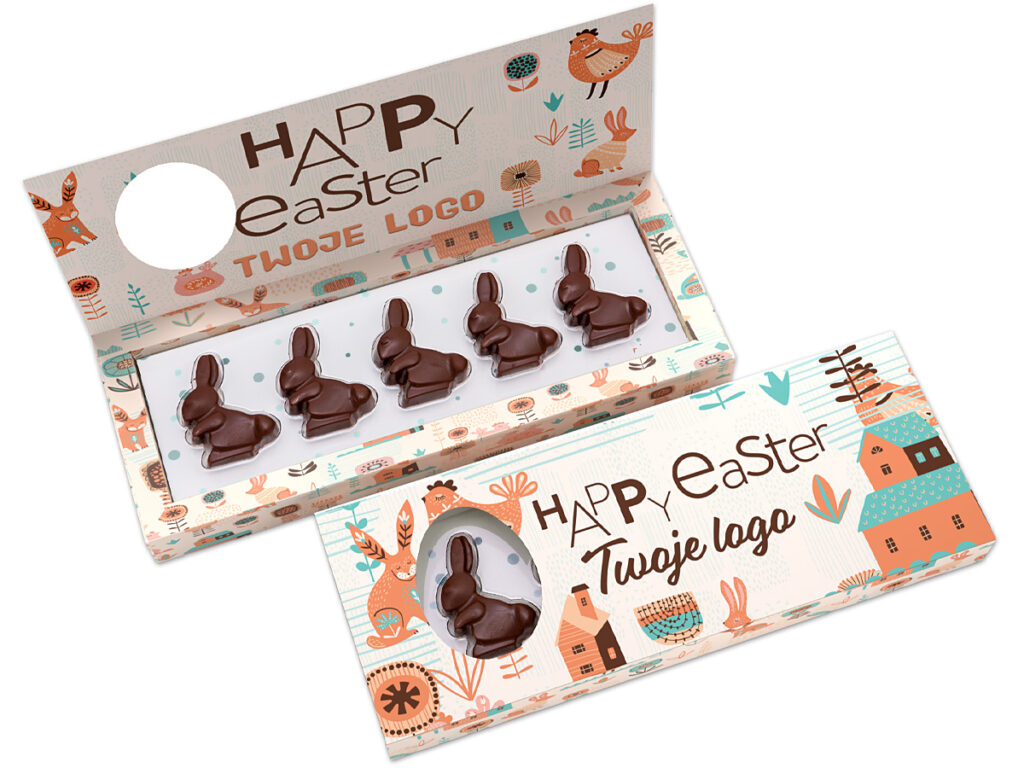 Czekoladowe zajączki w kartonowym opakowaniu z nadrukiem reklamowym