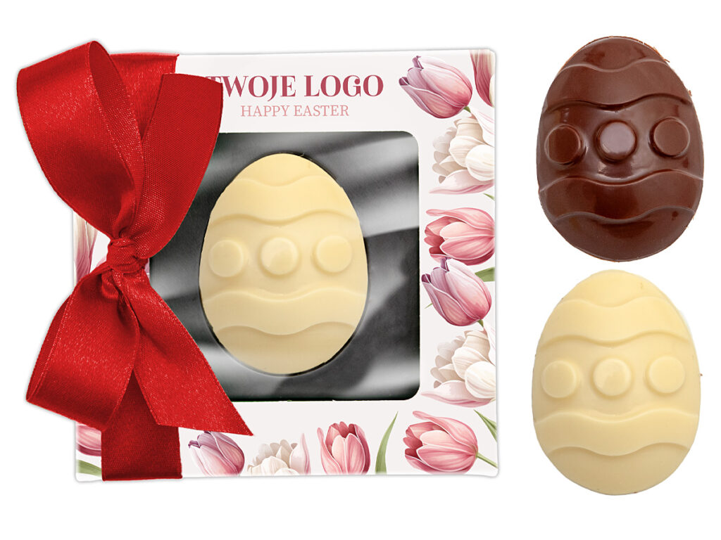 Personalizowana pisanka reklamowa z logo firmy w białym kartonie z okienkiem