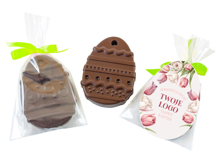 Czekoladowe jajeczko mleczne z motywami wielkanocnymi i firmowym nadrukiem