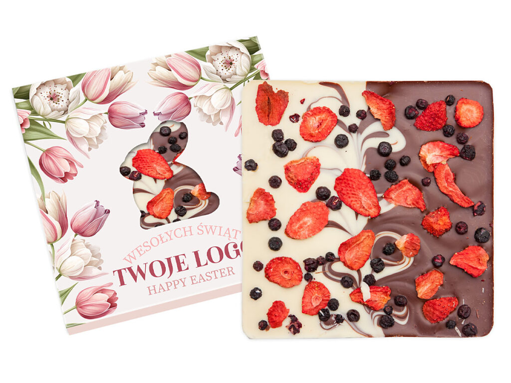Czekolady z owocami liofilizowanymi w przezroczystej torebce i eleganckim pudełku z nadrukiem reklamowym