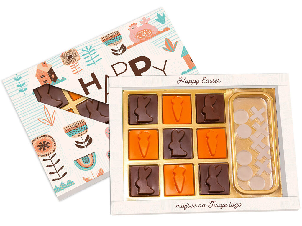 Wielkanocny upominek z czekoladkami i elementami gry w kółko i krzyżyk