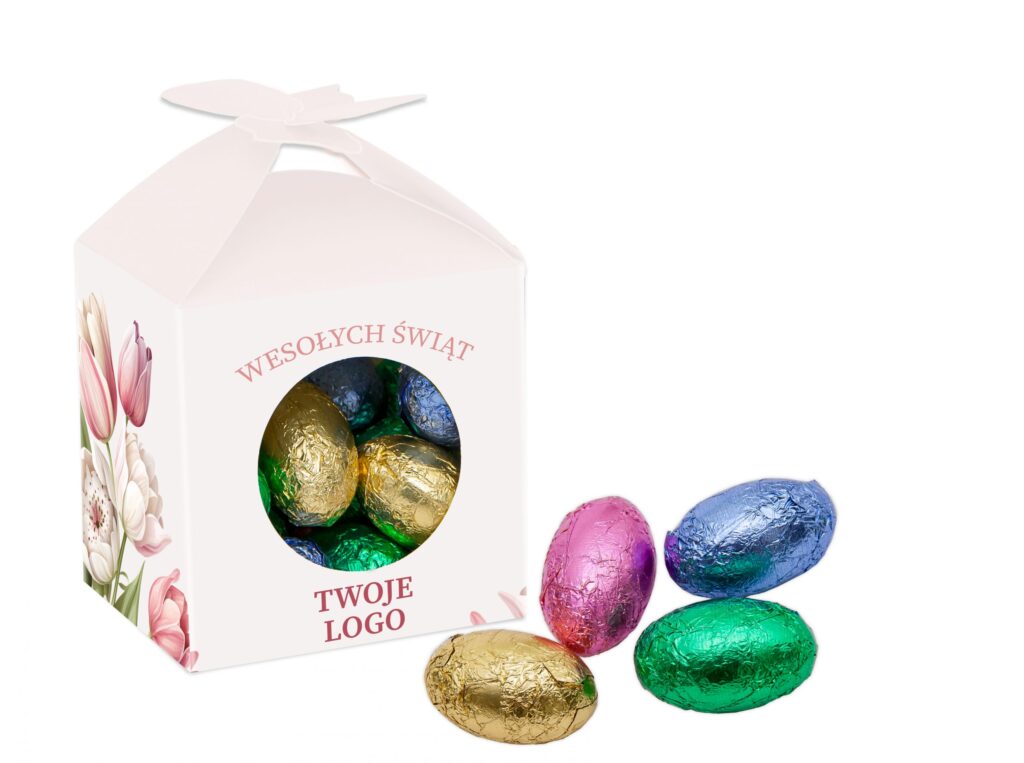 Mini czekoladowe pisanki w wielkanocnym pudełeczku z firmowym nadrukiem