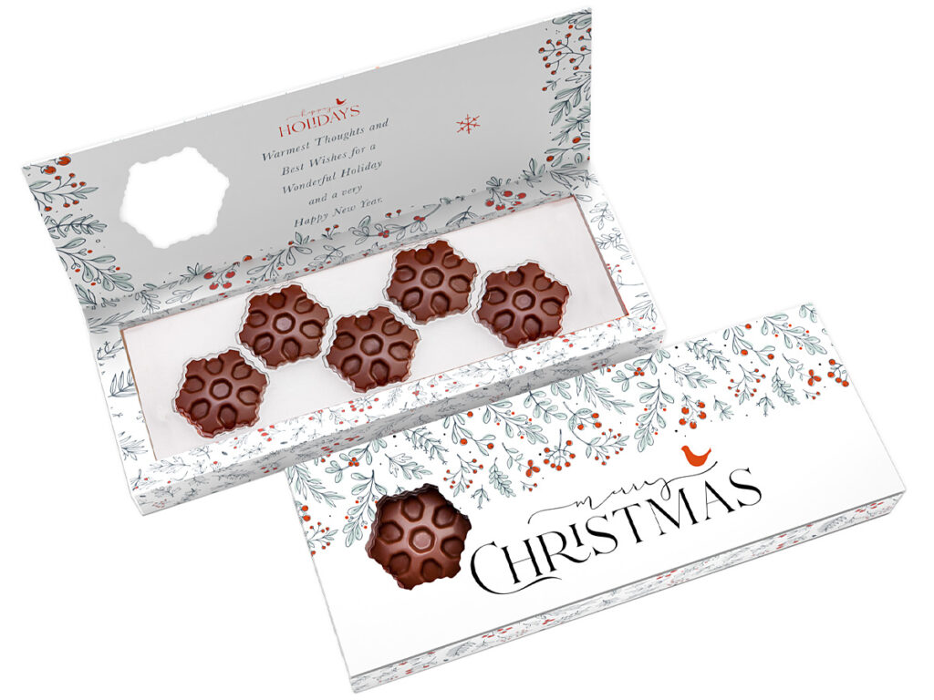 Zestaw Śnieżynki z 5 czekoladkami w kształcie śnieżynek w eleganckim pudełku z firmowym nadrukiem