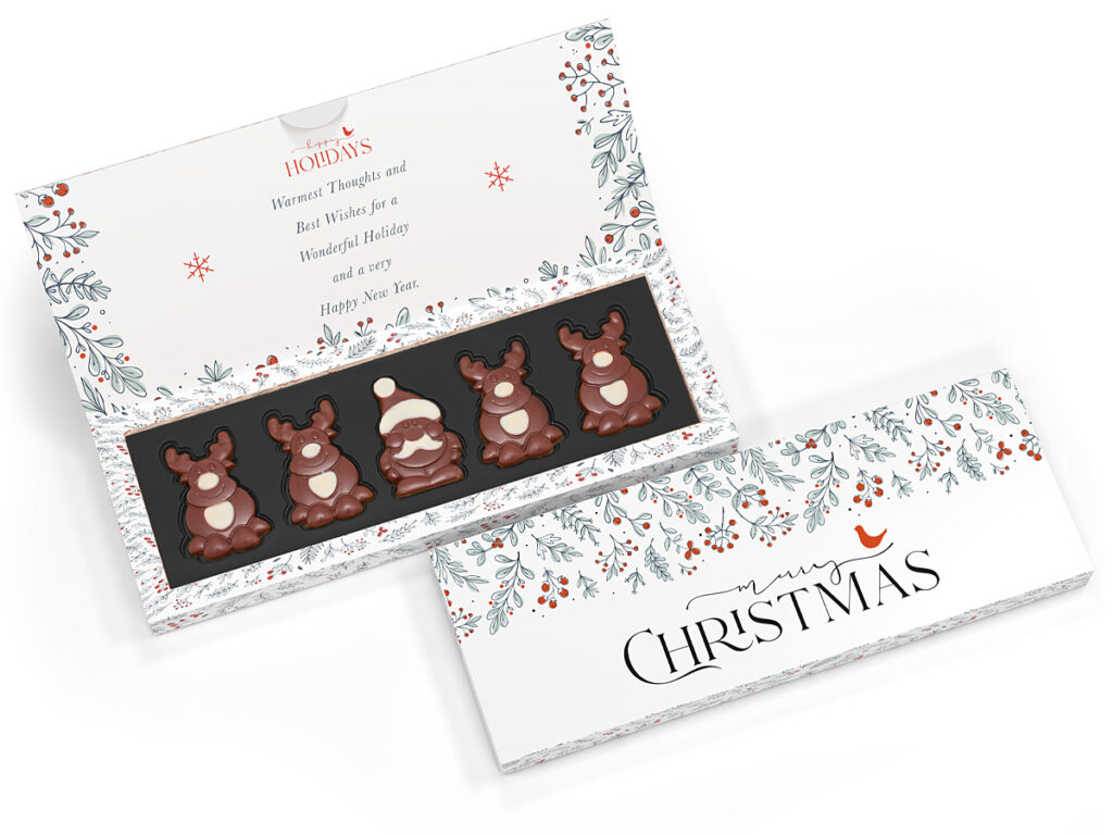 Świąteczny zestaw firmowy – czekoladki w kształcie Mikołaja i reniferów