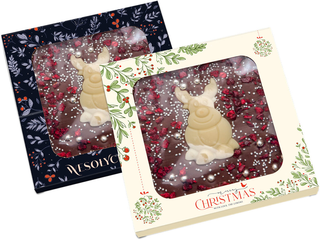 Świąteczna czekolada z reniferem w kartonowym pudełku z okienkiem i nadrukiem reklamowym