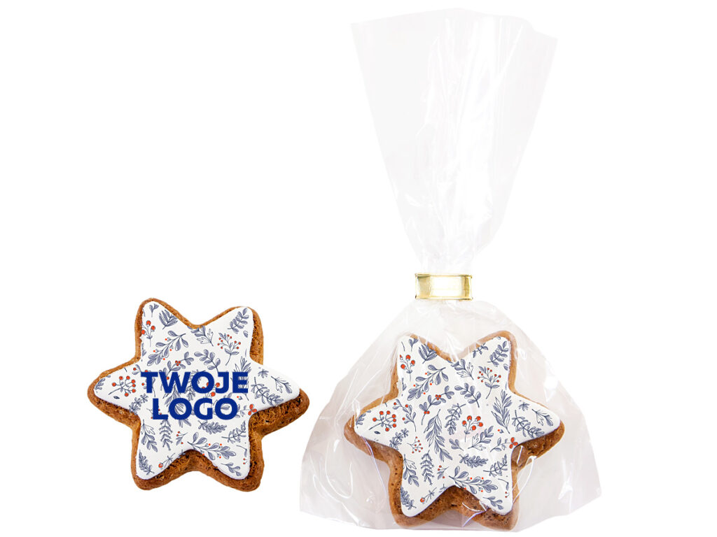 Świąteczne ciastko w kształcie gwiazdki z firmowym nadrukiem,