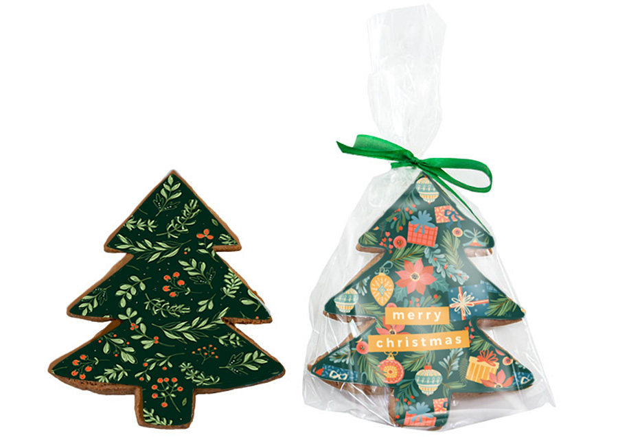 Firmowy upominek świąteczny – ciastko w kształcie choinki z nadrukiem reklamowym