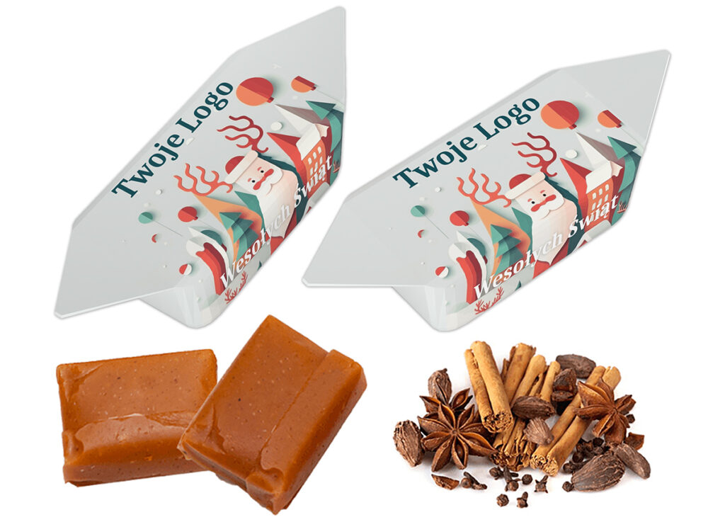 Krówka piernikowa zapakowana w etykietę reklamową z logo klienta