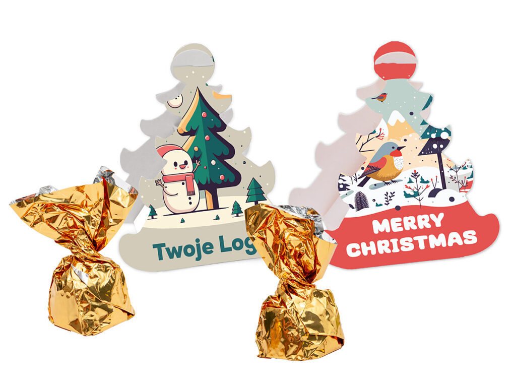 Firmowy prezent świąteczny – czekoladki pakowane w kartonowe choinki z personalizowanym nadrukiem