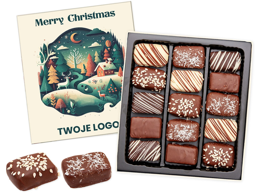 Pralinki z krówek z Milanówka w różnych wariantach czekolady z logo klienta, w eleganckim pudełku kartonowym z nadrukiem reklamowym