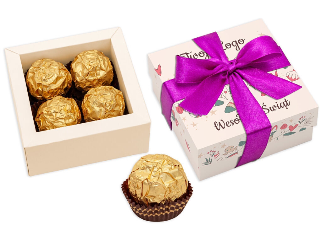 Czekoladowe praliny w złotym opakowaniu z personalizowanym pudełkiem