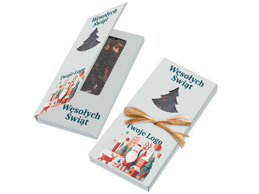 Personalizowane świąteczne pudełeczko z herbatą, ozdobione nadrukiem reklamowym