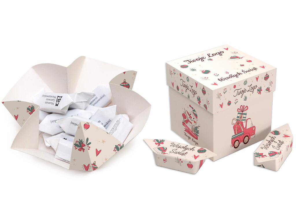 Elegancki zestaw cukierków w rozkładanym pudełku z firmowym nadrukiem