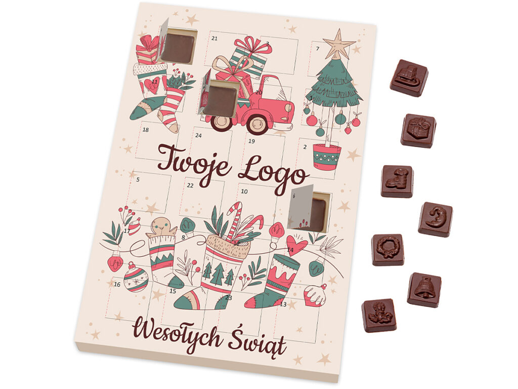 Personalizowany kalendarz z 24 czekoladkami w kartonowym opakowaniu z tłoczonymi motywami i firmowym logo