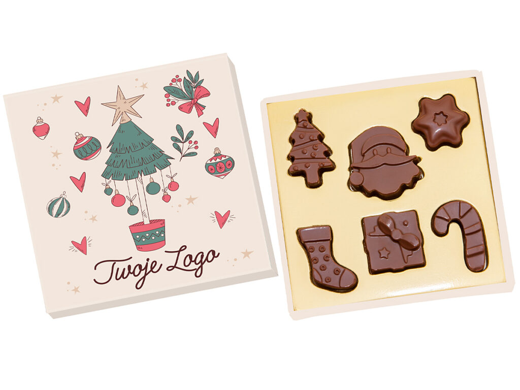 Personalizowany prezent świąteczny z czekoladkami z firmowym logo