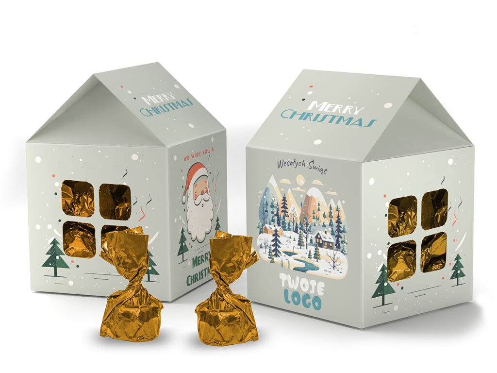Bożonarodzeniowy upominek reklamowy – świąteczna chatka z 16 pralinkami