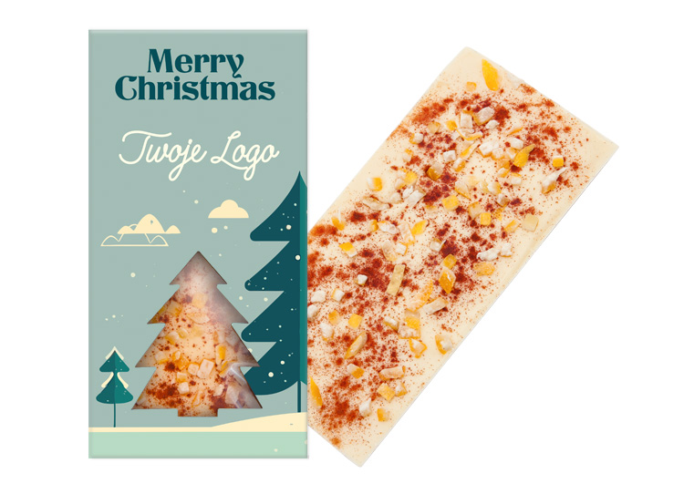 Czekolada belgijska z cynamonem i skórką pomarańczy w pudełku z nadrukiem firmowym