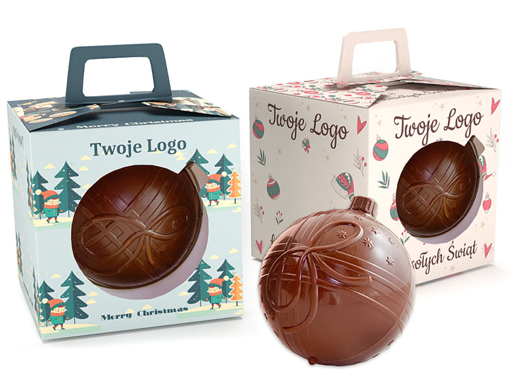 Czekoladowa bombka w pudełku z okienkiem i uchwytem z nadrukiem firmowym