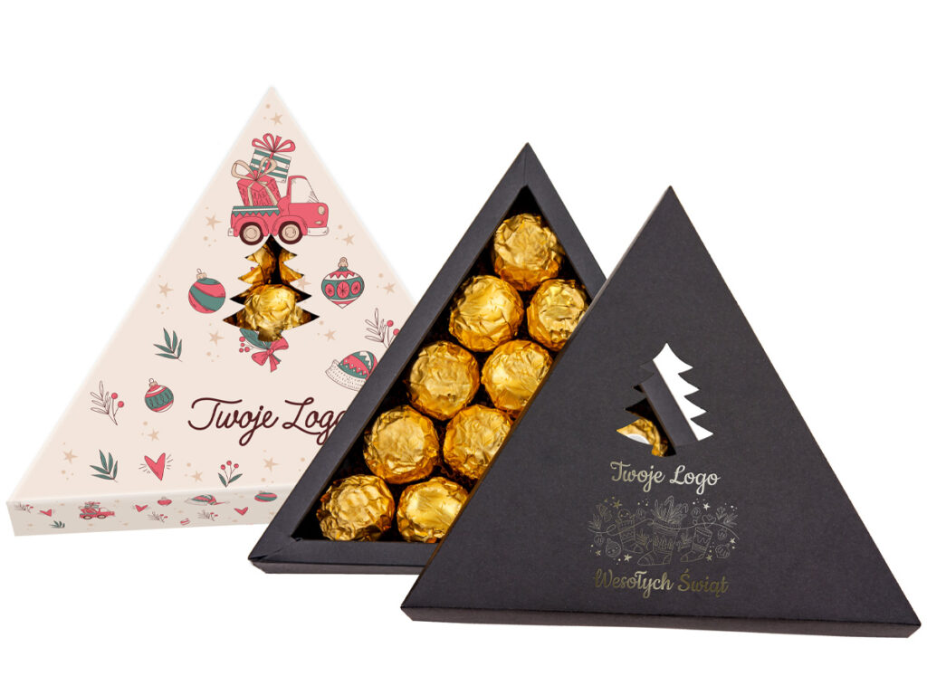 Ekskluzywne pralinki w złotych kuleczkach zapakowane w personalizowane pudełko z tłoczeniami