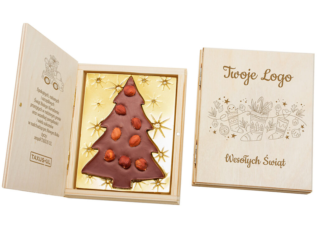Luksusowa czekoladka firmowa w drewnianym opakowaniu z życzeniami i logo klienta