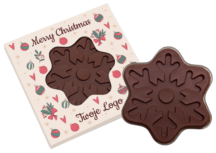 Firmowy upominek – świąteczna czekolada w kształcie śnieżynki z nadrukiem reklamowym w czterech kolorach