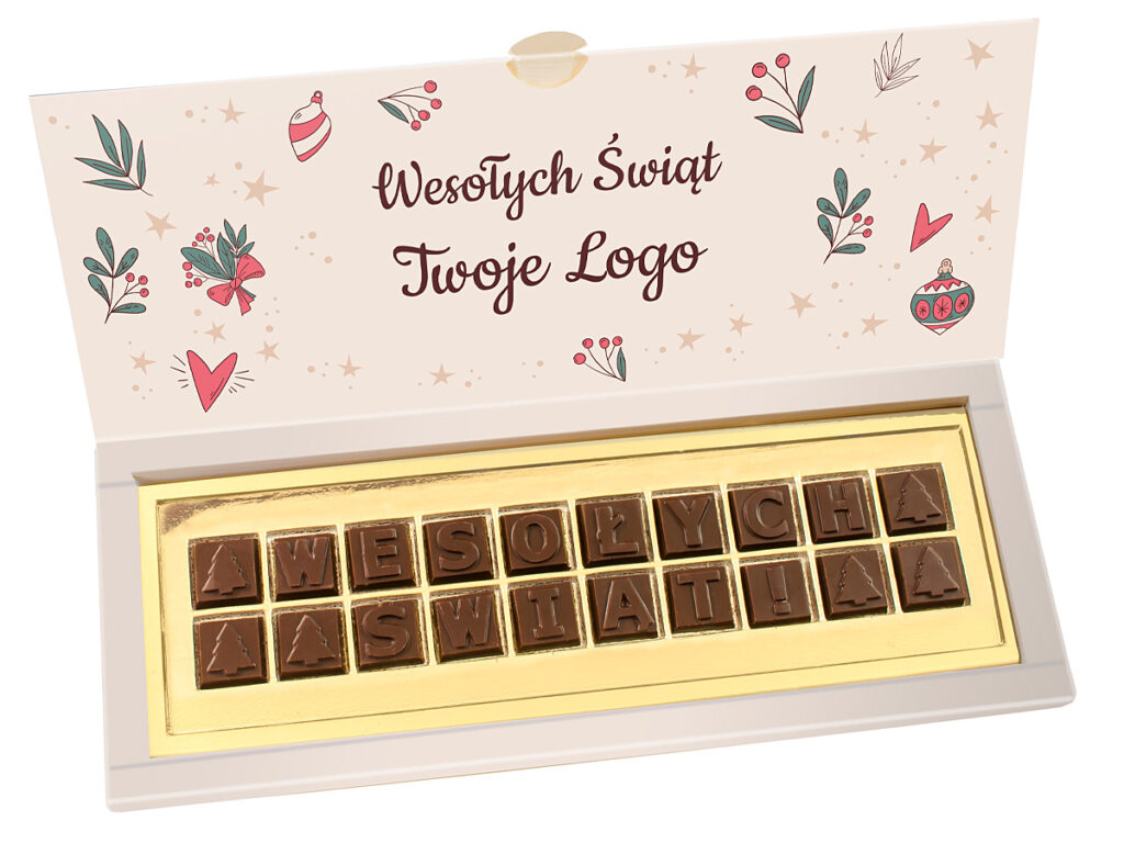 Zestaw czekoladek z życzeniami w drewnianym pudełku z grawerem reklamowym