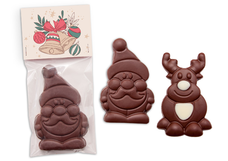 Personalizowana czekoladowa figurka świąteczna zapakowana w foliową torebkę z logo firmy