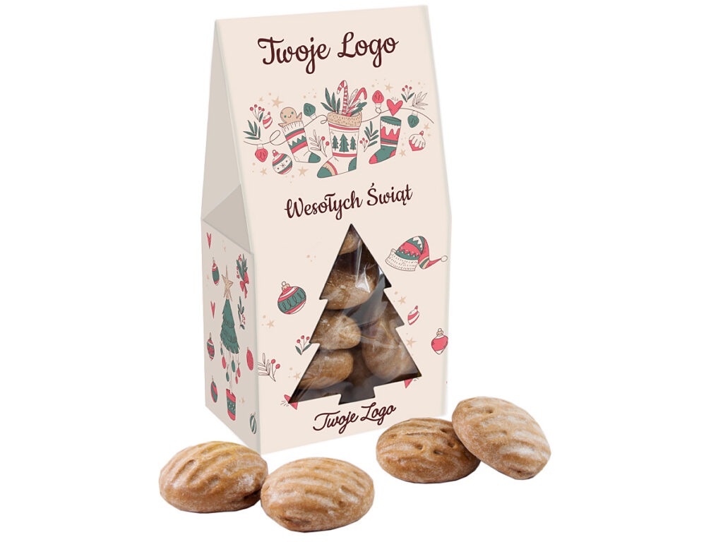 Zestaw pierników w torebce z tłoczonym logo i okienkiem