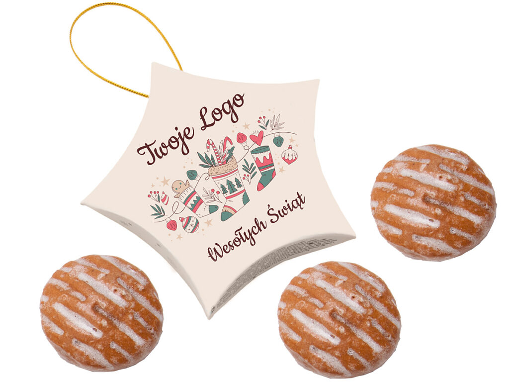 Firmowy upominek – pierniczek w kształcie gwiazdki z marmoladą, w eleganckim opakowaniu z logo firmy