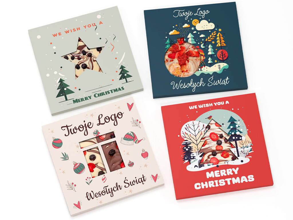 Świąteczna czekolada z owocami w kartonowym pudełku z okienkiem i nadrukiem reklamowym