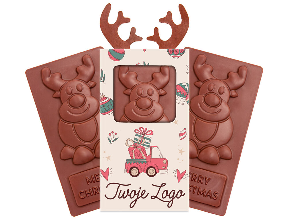 Czekolada Rudolf w kartonowym pudełku z okienkiem, z firmowym nadrukiem