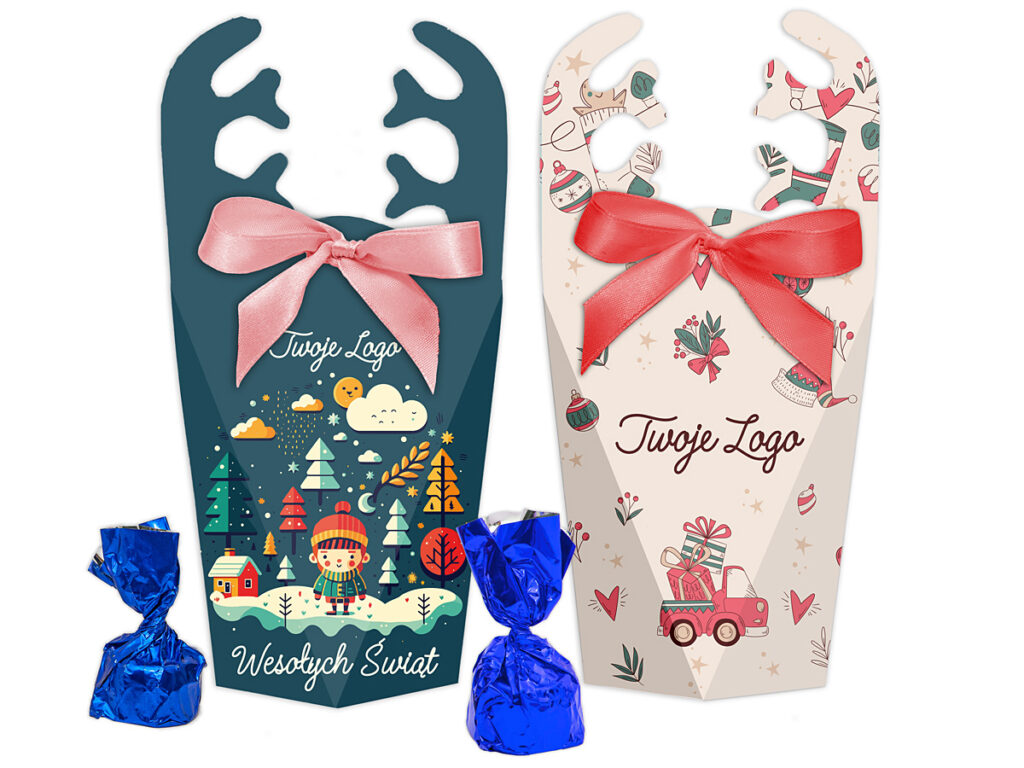 Świąteczny zestaw pralinek w ozdobnym pudełku z rogami z firmowym logo